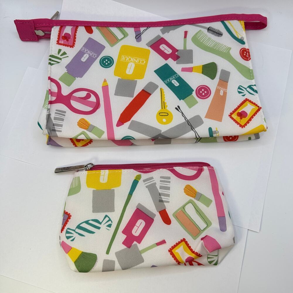 CLINIQUE Glass Print Cosmetic Makeup Bag Set Zipper Pouch (1 Large + 1 Small )